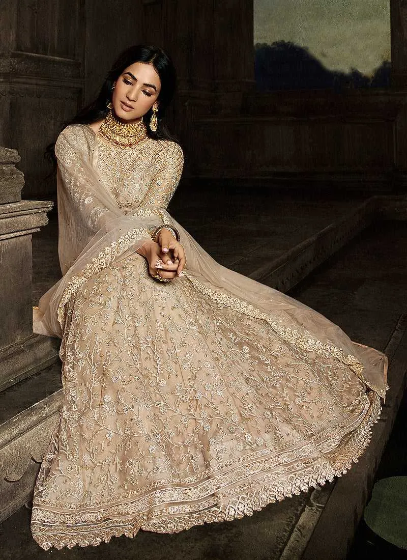 Beige Floral Embroidered Heavy Anarkali Suit