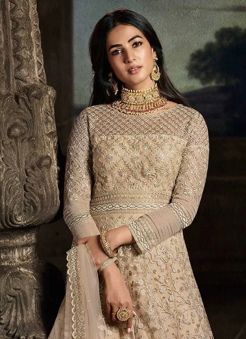 Beige Floral Embroidered Heavy Anarkali Suit