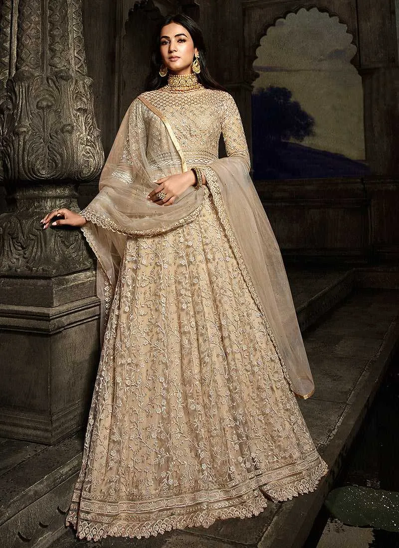 Beige Floral Embroidered Heavy Anarkali Suit