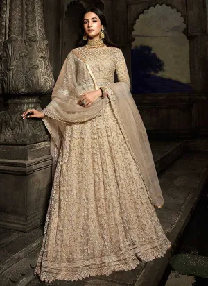 Beige Floral Embroidered Heavy Anarkali Suit