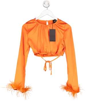 Bershka Orange Cropped Satin Blouse With Feather Trim UK S