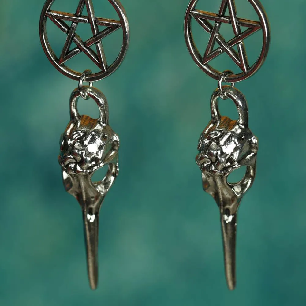 Bird Skull Earrings Witch Jewelry Gothic Earrings Pentagram Crow Skull Gothic Pagan Earrings Gift Wiccan