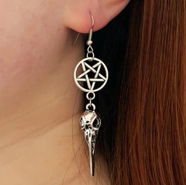 Bird Skull Earrings Witch Jewelry Gothic Earrings Pentagram Crow Skull Gothic Pagan Earrings Gift Wiccan
