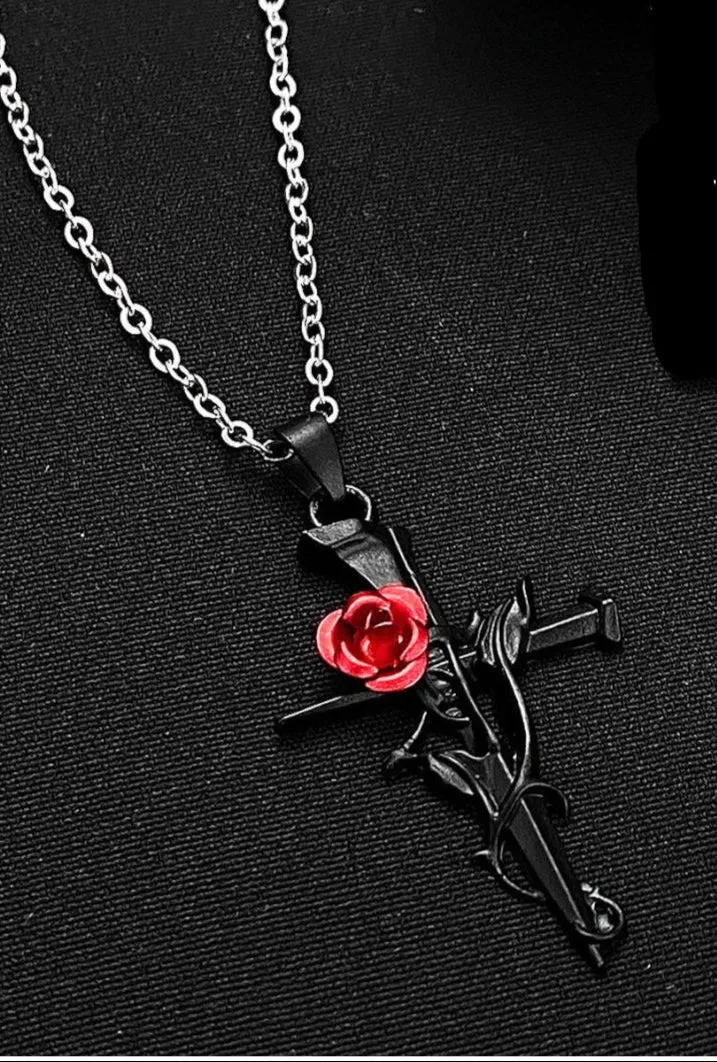 Black Cross With Rose Gothic Necklace