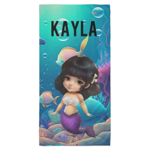 Black Hair Mermaid Personalized Beach Towel - 35x70