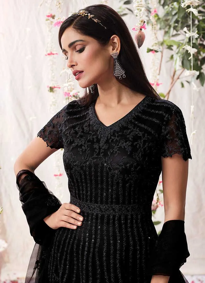Black Heavy Embroidered Designer Kalidar Anarkali Suit