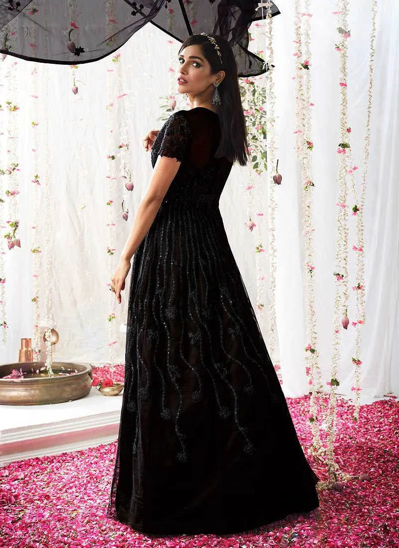 Black Heavy Embroidered Designer Kalidar Anarkali Suit
