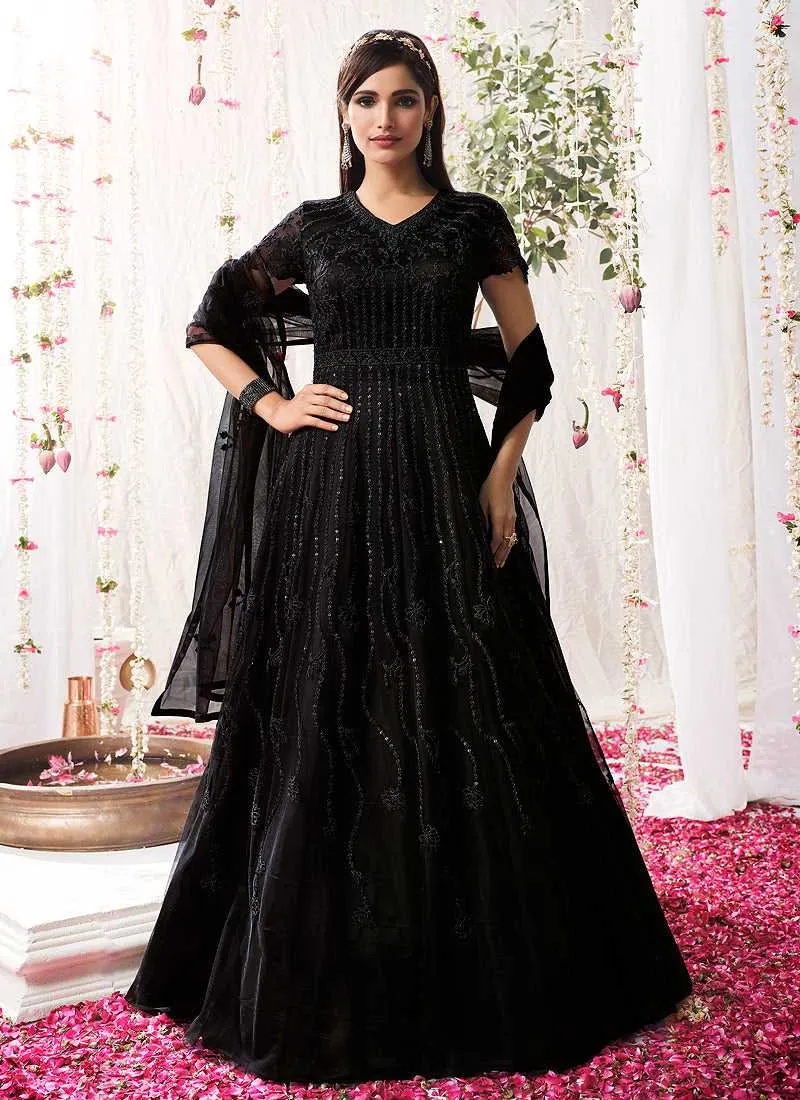Black Heavy Embroidered Designer Kalidar Anarkali Suit