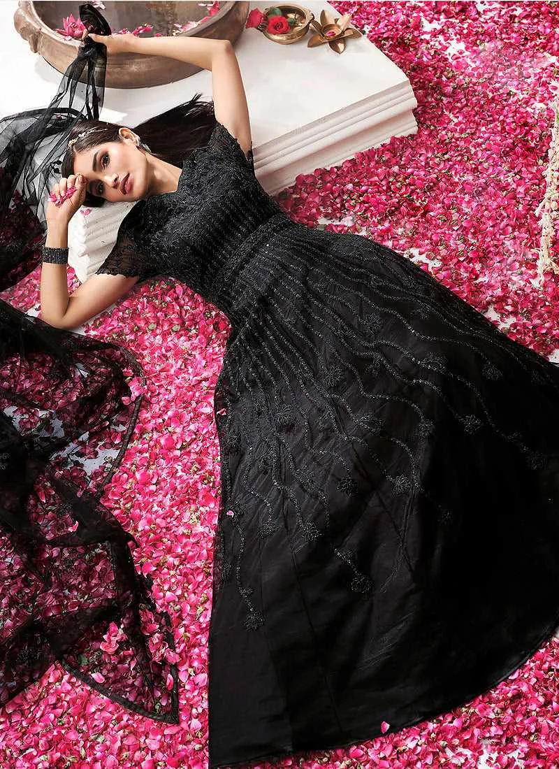 Black Heavy Embroidered Designer Kalidar Anarkali Suit