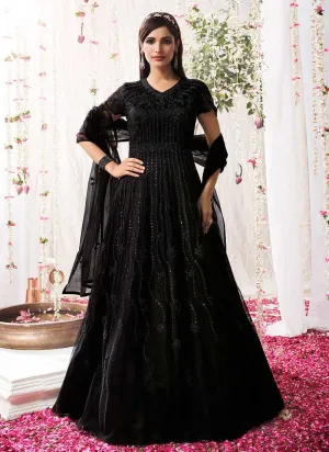 Black Heavy Embroidered Designer Kalidar Anarkali Suit
