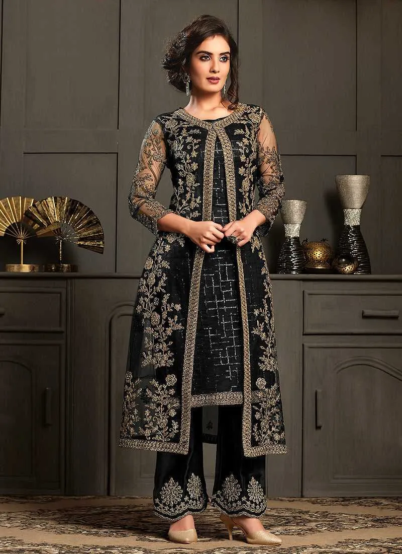 Black Heavy Embroidered Jacket Style Anarkali Suit