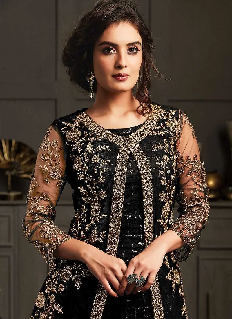 Black Heavy Embroidered Jacket Style Anarkali Suit