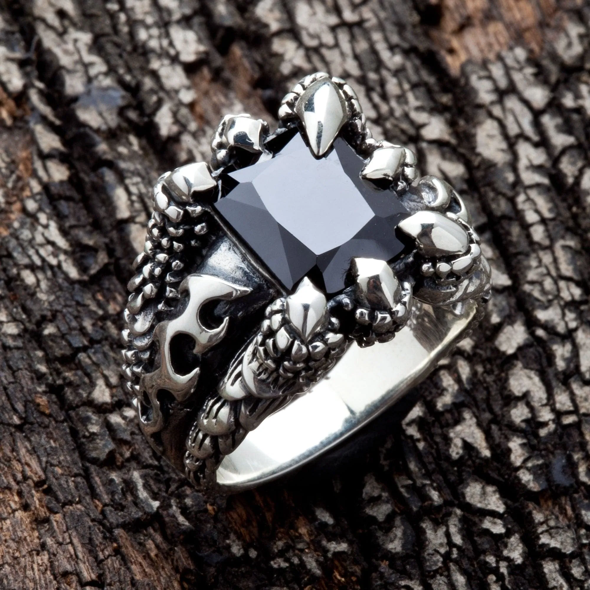 Black Onyx Flame Blade Sterling Silver Gothic Claw Ring