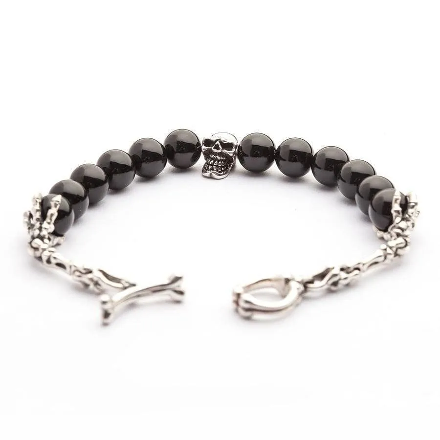 Black Onyx Skull Bone Sterling Silver Gothic Bracelet