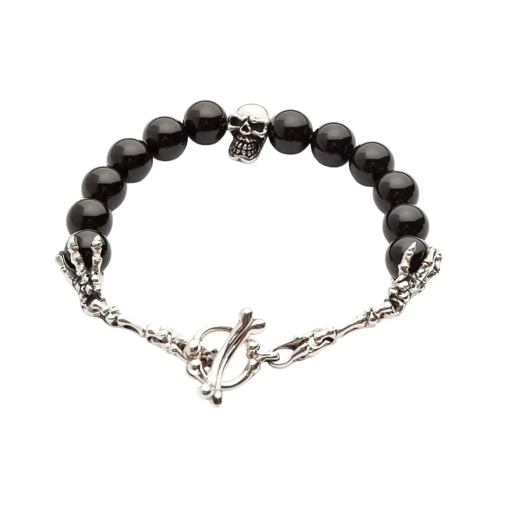 Black Onyx Skull Bone Sterling Silver Gothic Bracelet