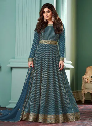 Blue Embroidered Floor touch Anarkali