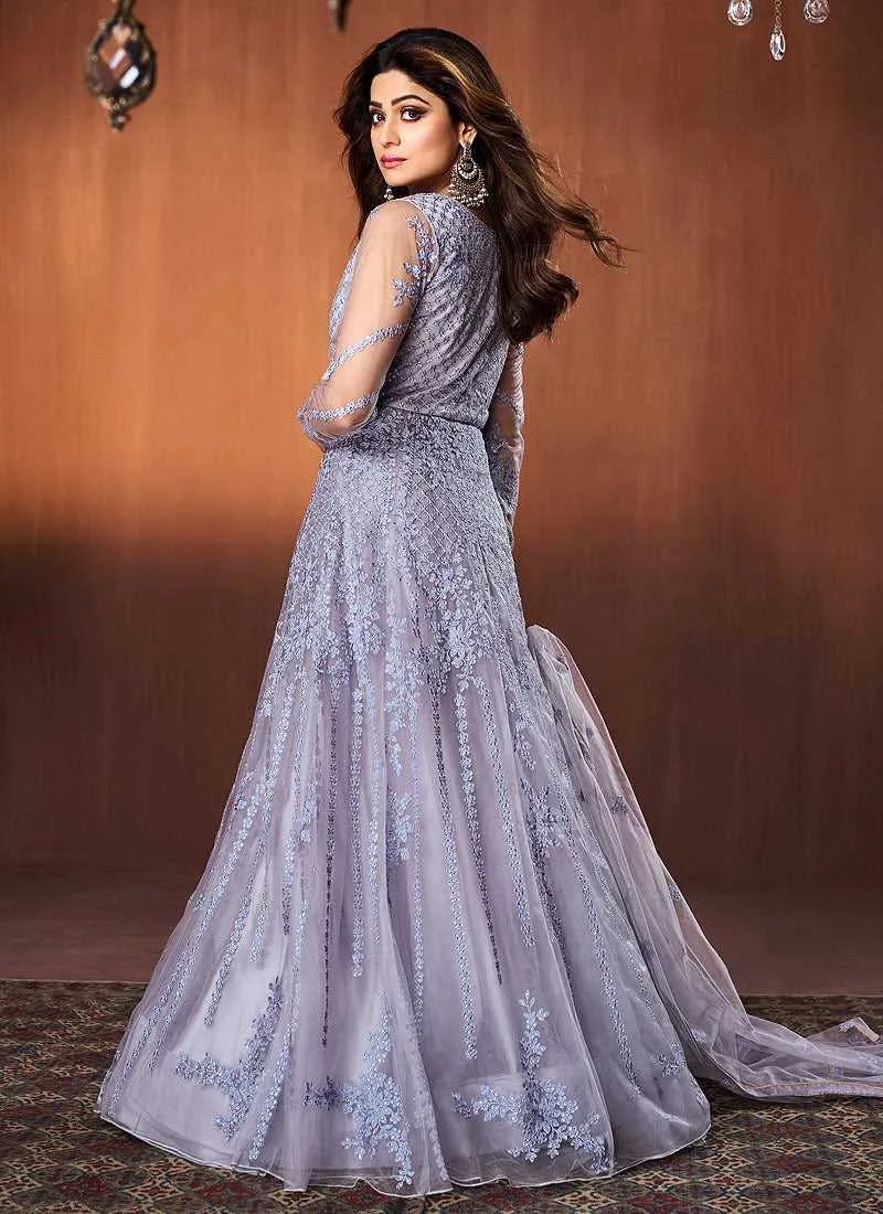 Blue Grey Floral Embroidered Kalidar Anarkali Suit