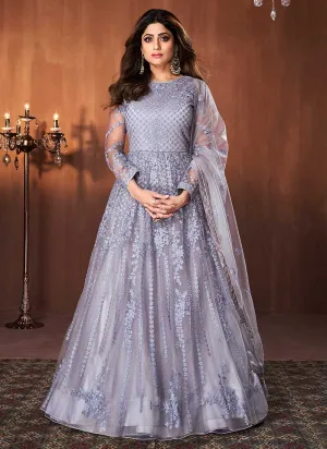 Blue Grey Floral Embroidered Kalidar Anarkali Suit