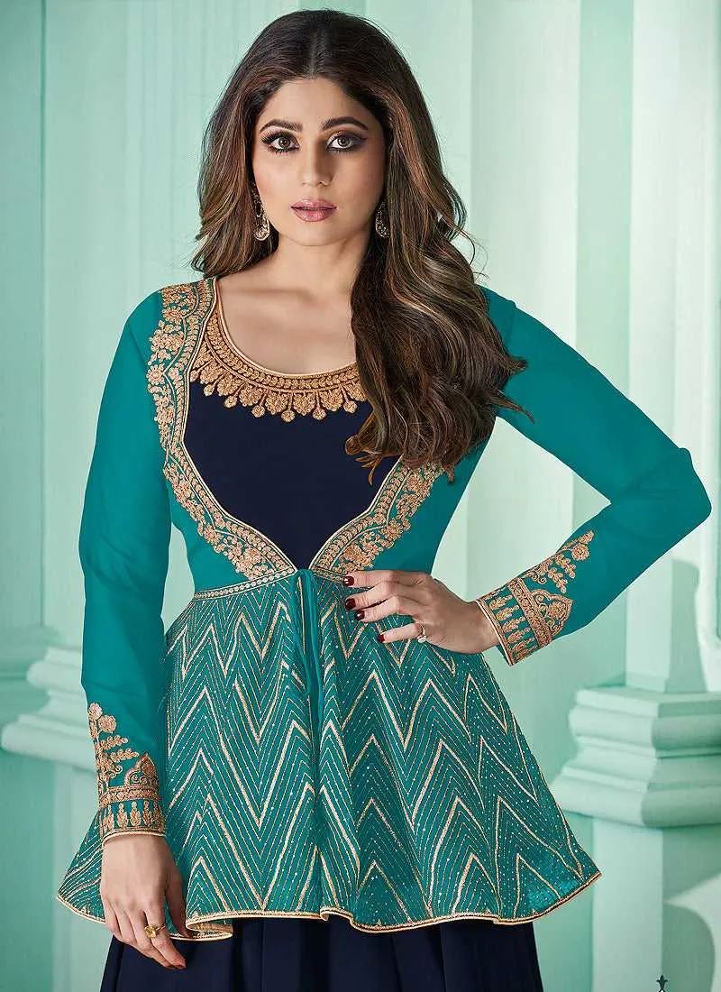 Blue Heavy Embroidered Aqua Color Jacket Style Suit