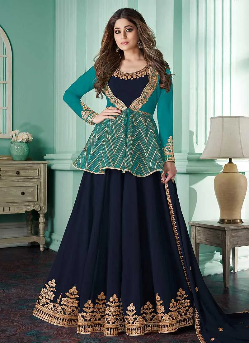 Blue Heavy Embroidered Aqua Color Jacket Style Suit