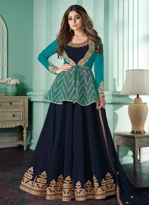 Blue Heavy Embroidered Aqua Color Jacket Style Suit