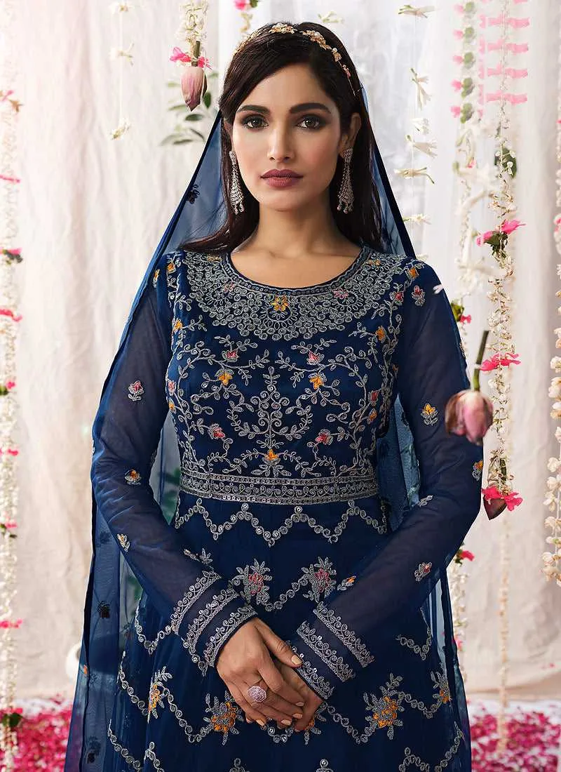 Blue Heavy Embroidered Designer Kalidar Anarkali Suit