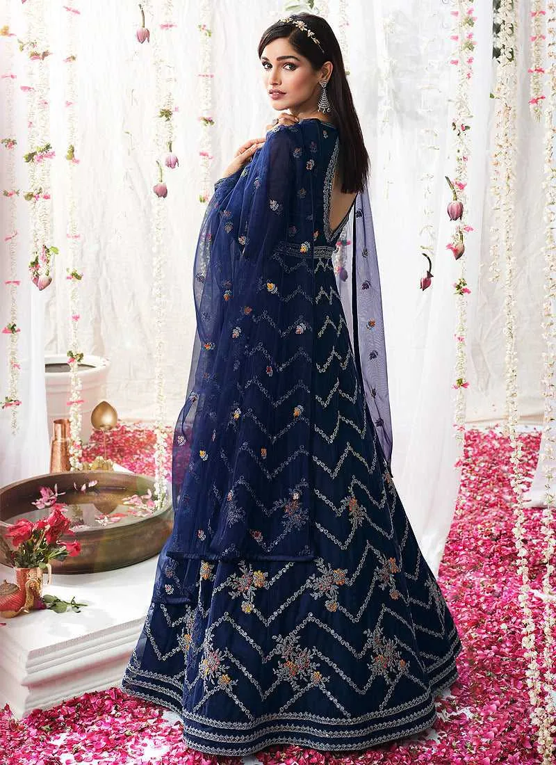 Blue Heavy Embroidered Designer Kalidar Anarkali Suit