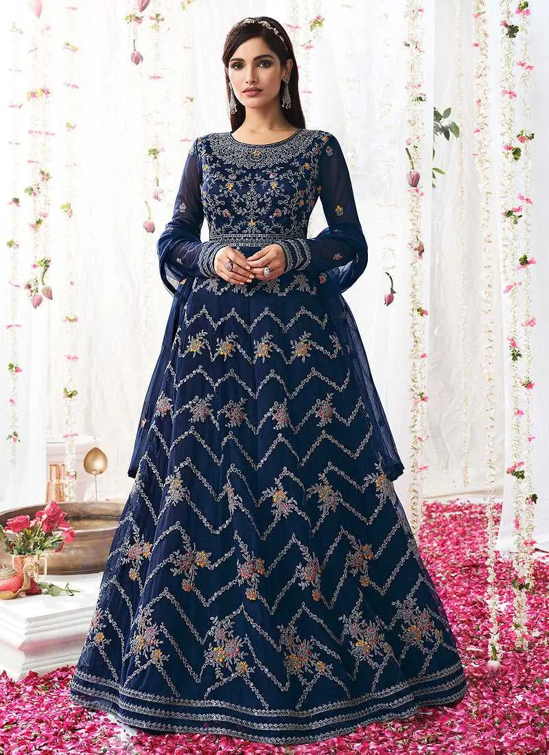 Blue Heavy Embroidered Designer Kalidar Anarkali Suit