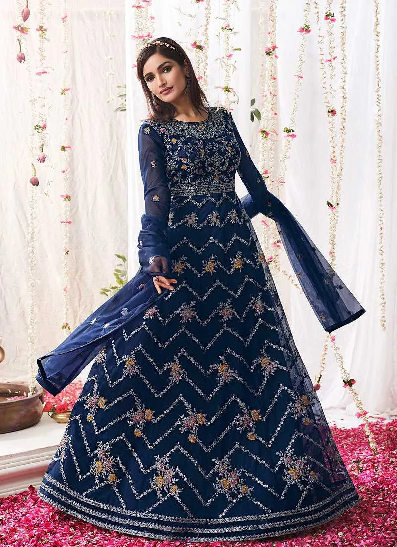 Blue Heavy Embroidered Designer Kalidar Anarkali Suit
