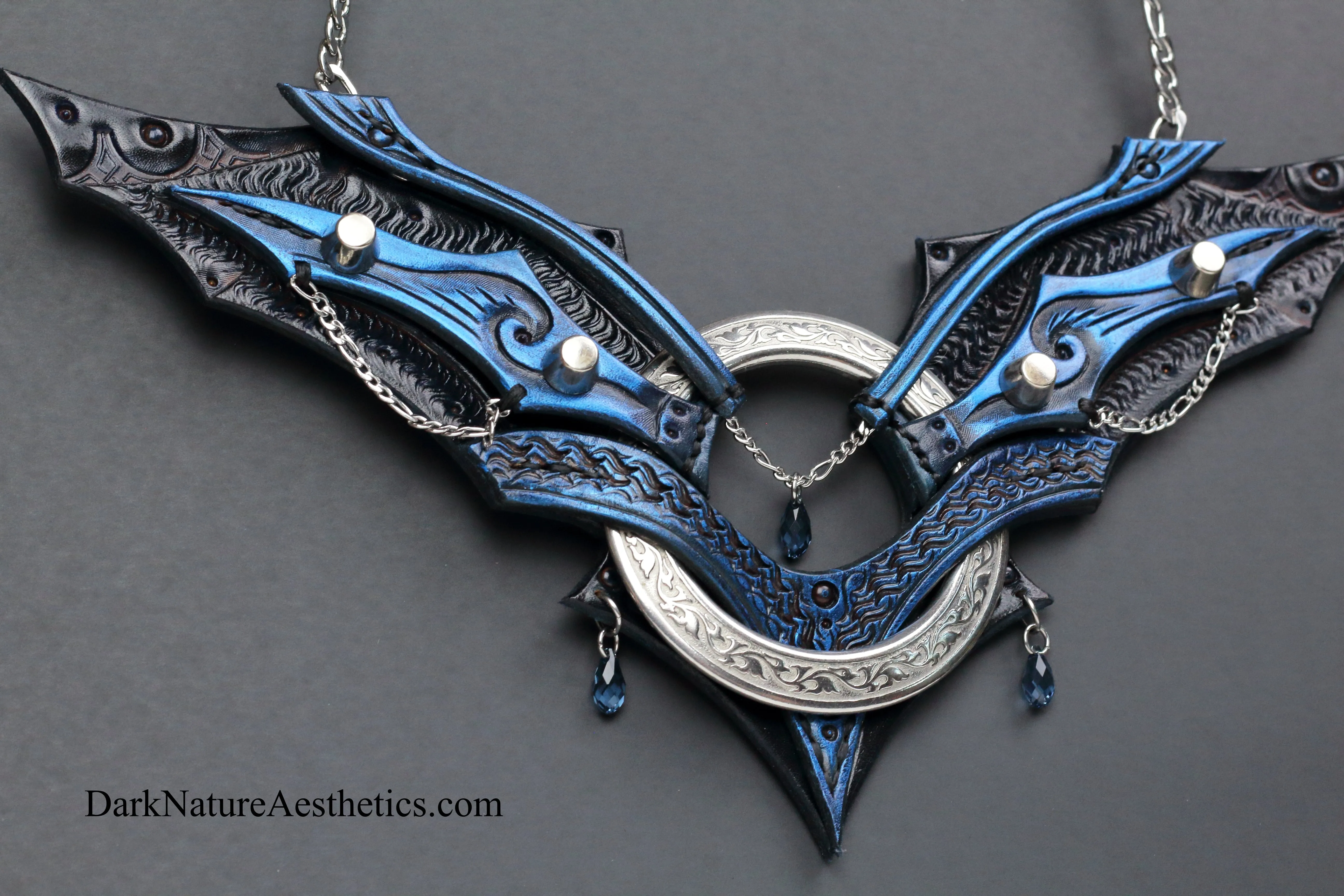Blue "Chiroptera" Bat Wing Ring Leather Necklace