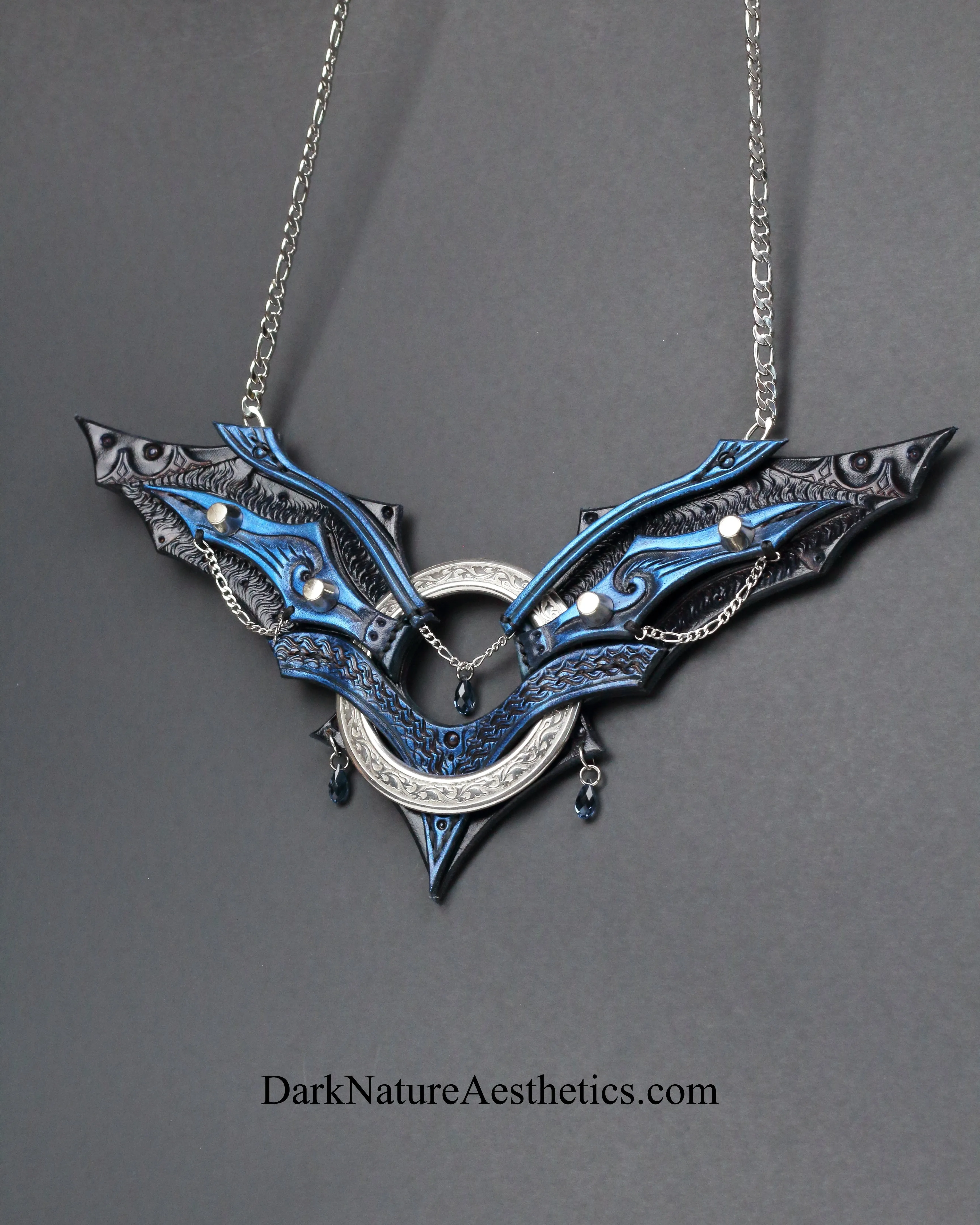 Blue "Chiroptera" Bat Wing Ring Leather Necklace
