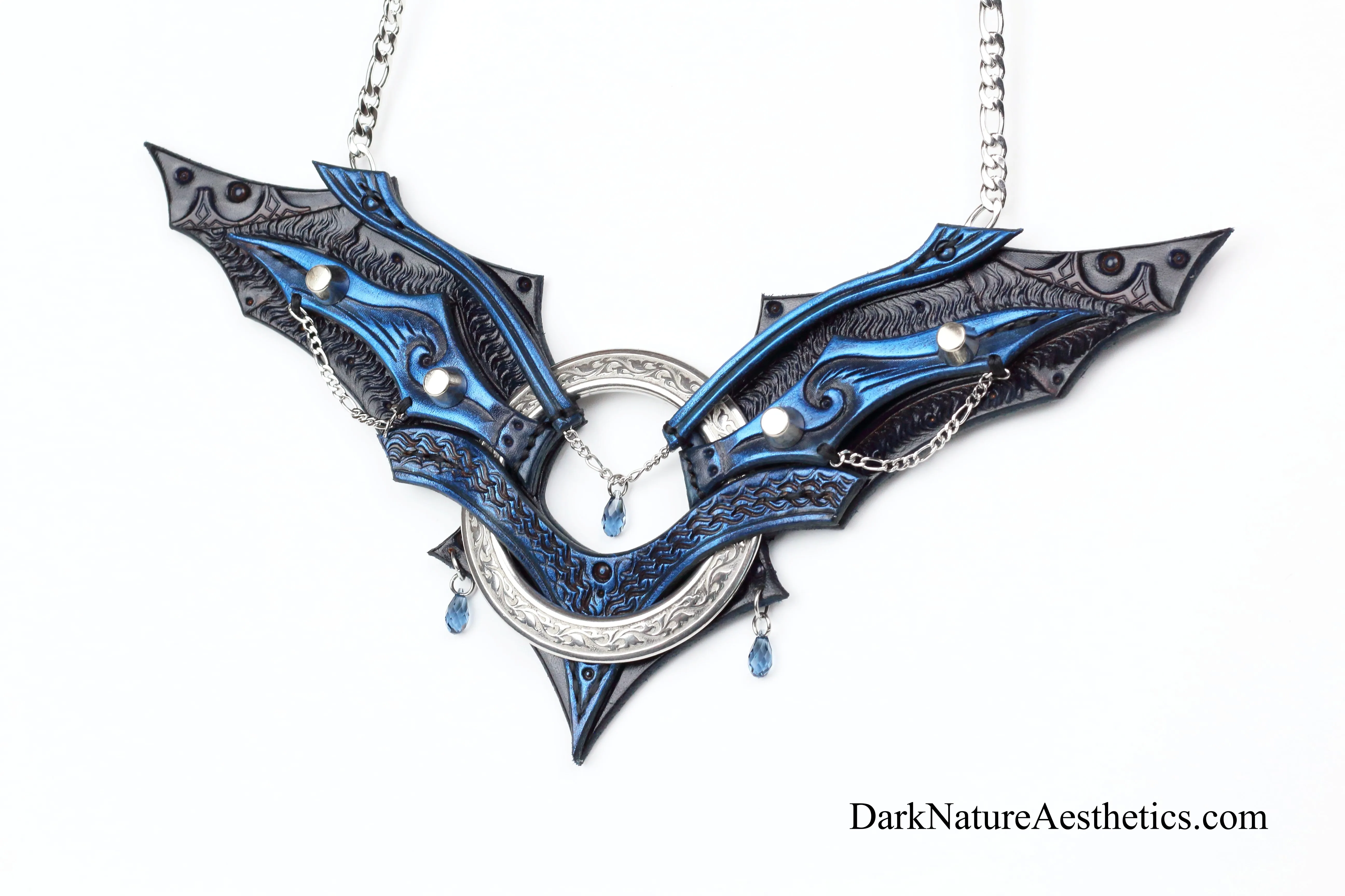 Blue "Chiroptera" Bat Wing Ring Leather Necklace