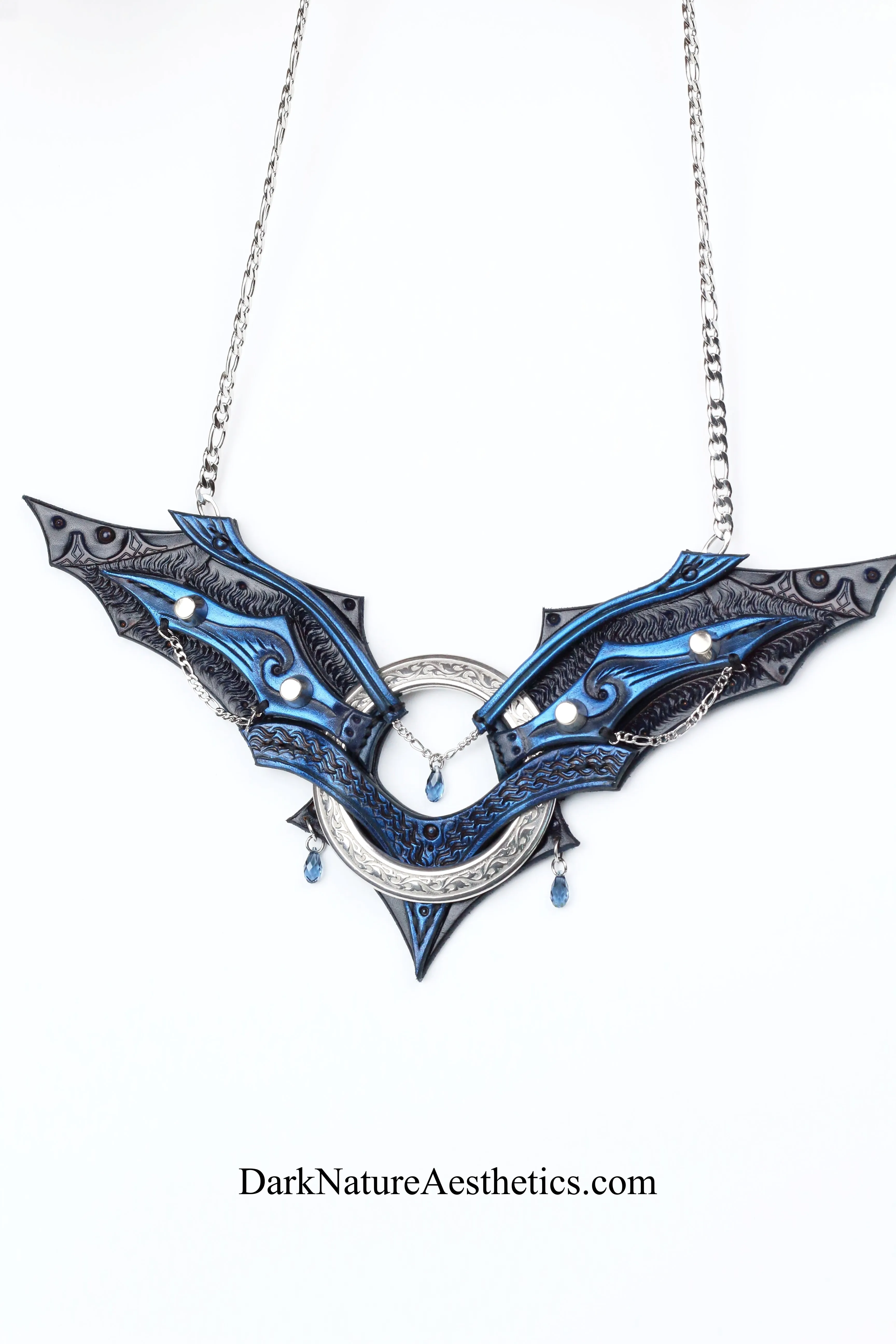 Blue "Chiroptera" Bat Wing Ring Leather Necklace