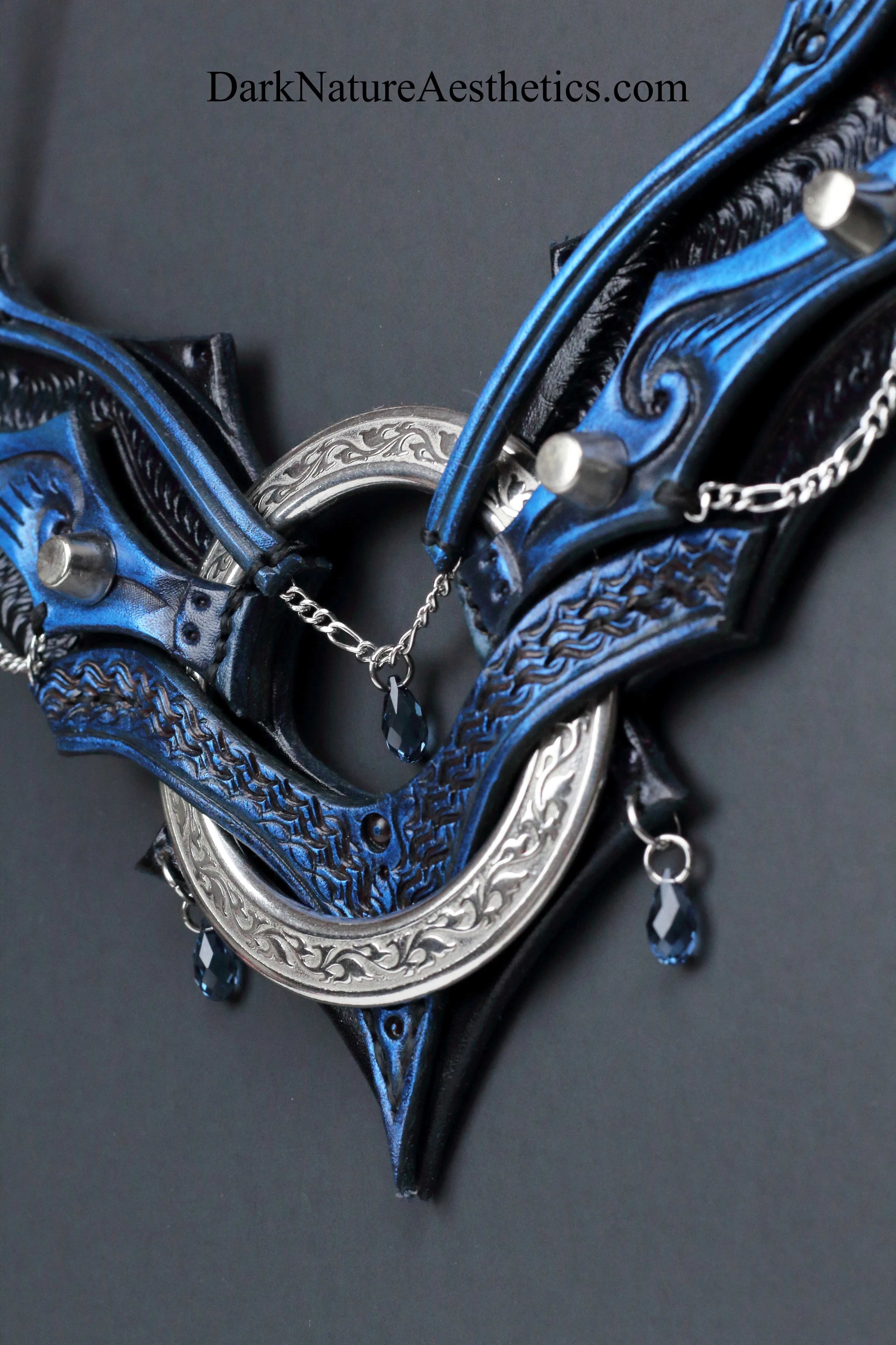 Blue "Chiroptera" Bat Wing Ring Leather Necklace