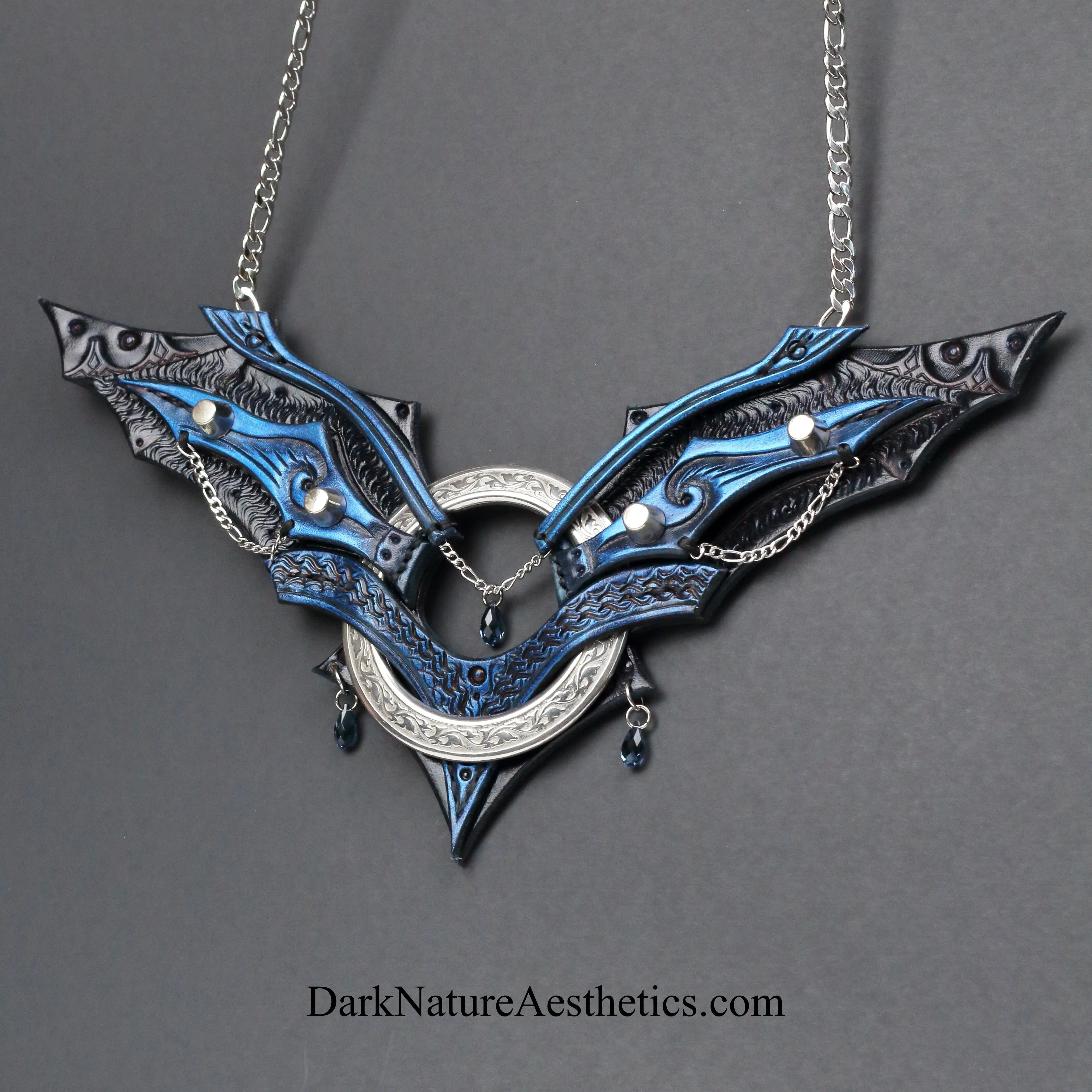 Blue "Chiroptera" Bat Wing Ring Leather Necklace