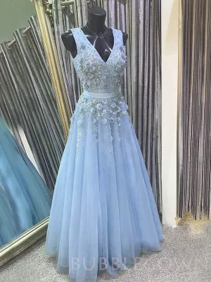 Blue Tulle A-line Appliques Long Evening Prom Dresses, Cheap Custom Prom Dresses, MR7875