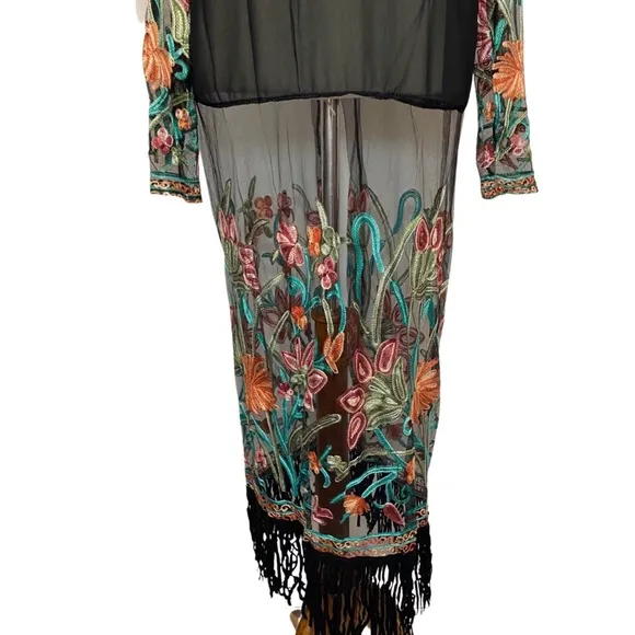 Boho Black Mesh Embroidered Duster Coverup with Fringe