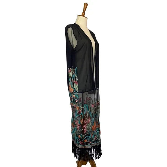 Boho Black Mesh Embroidered Duster Coverup with Fringe