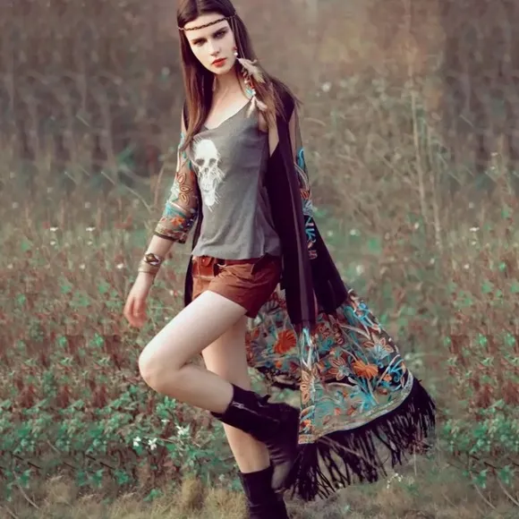 Boho Black Mesh Embroidered Duster Coverup with Fringe