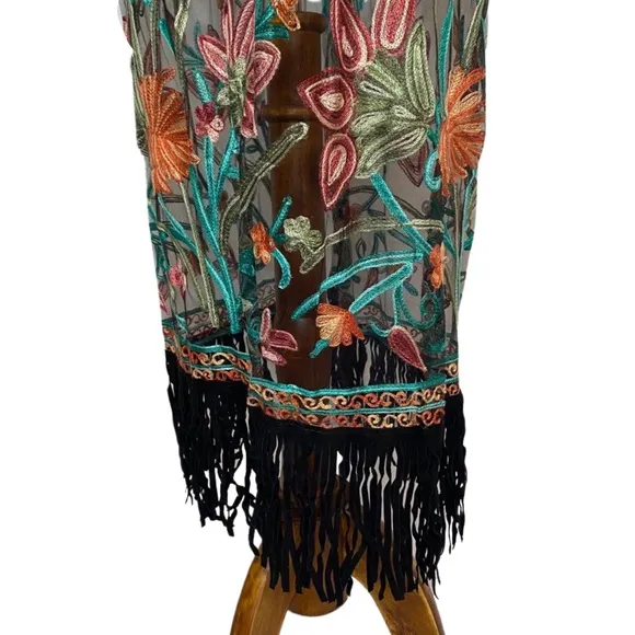 Boho Black Mesh Embroidered Duster Coverup with Fringe
