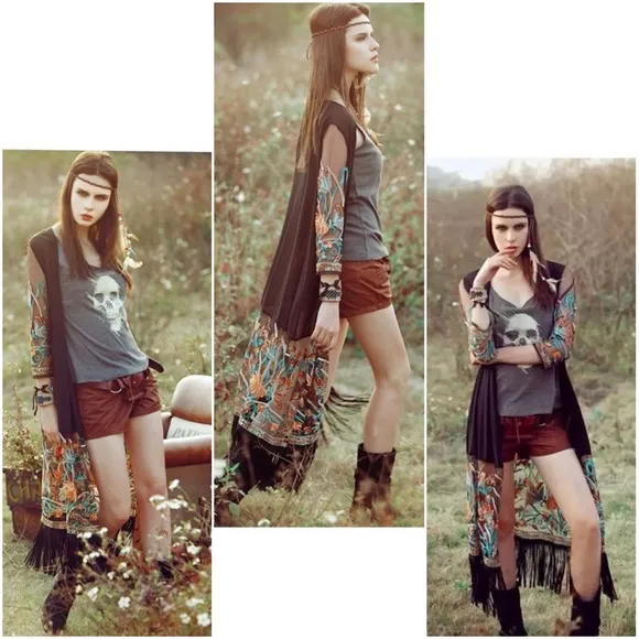 Boho Black Mesh Embroidered Duster Coverup with Fringe