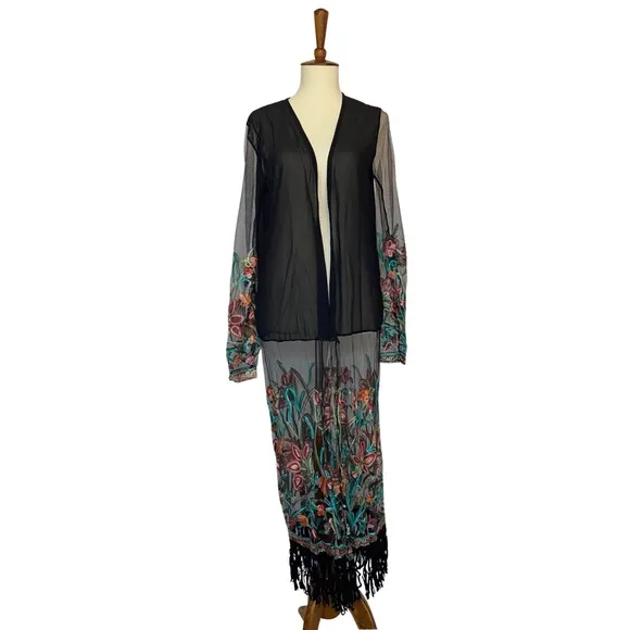 Boho Black Mesh Embroidered Duster Coverup with Fringe