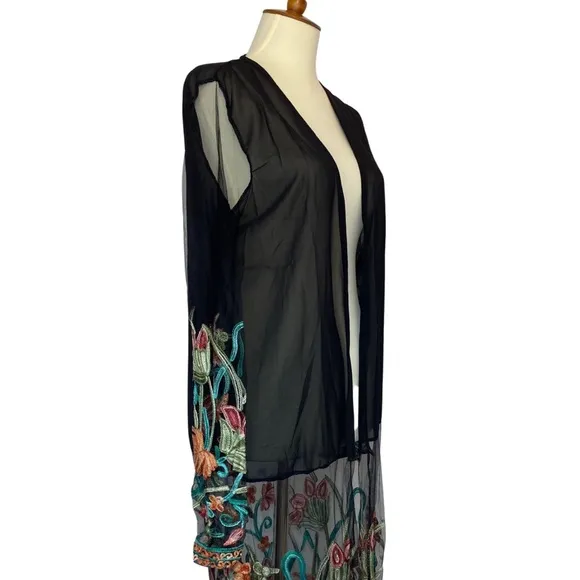 Boho Black Mesh Embroidered Duster Coverup with Fringe