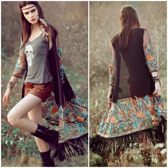 Boho Black Mesh Embroidered Duster Coverup with Fringe