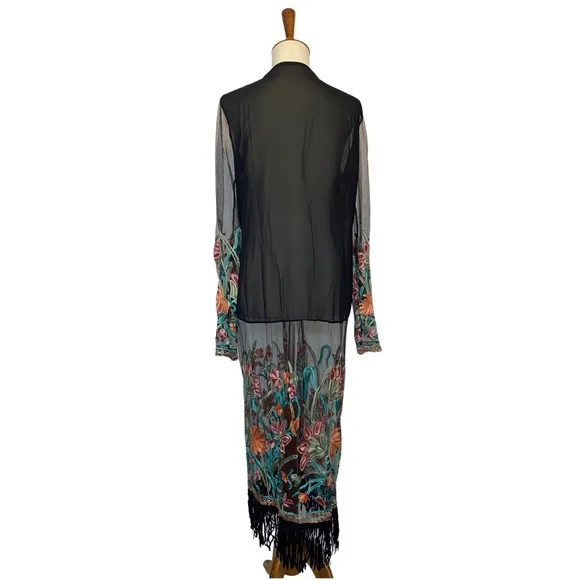 Boho Black Mesh Embroidered Duster Coverup with Fringe