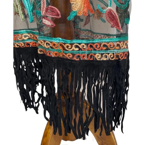 Boho Black Mesh Embroidered Duster Coverup with Fringe