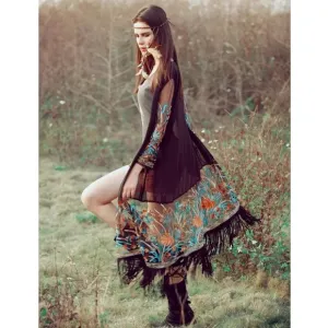 Boho Black Mesh Embroidered Duster Coverup with Fringe