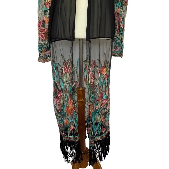 Boho Black Mesh Embroidered Duster Coverup with Fringe