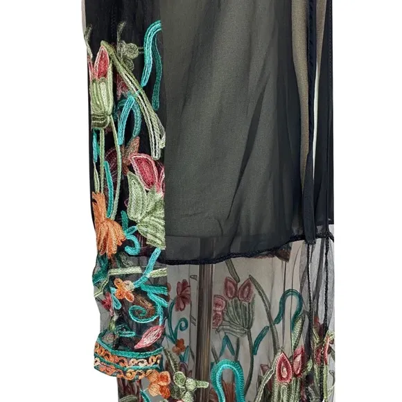 Boho Black Mesh Embroidered Duster Coverup with Fringe