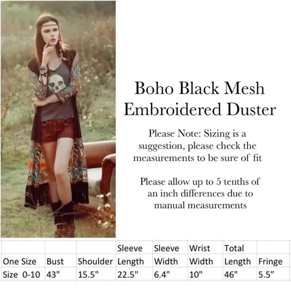 Boho Black Mesh Embroidered Duster Coverup with Fringe